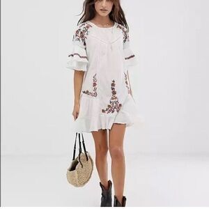 Free People White Mini Sundress with Flutter Sleeves, embroidered design